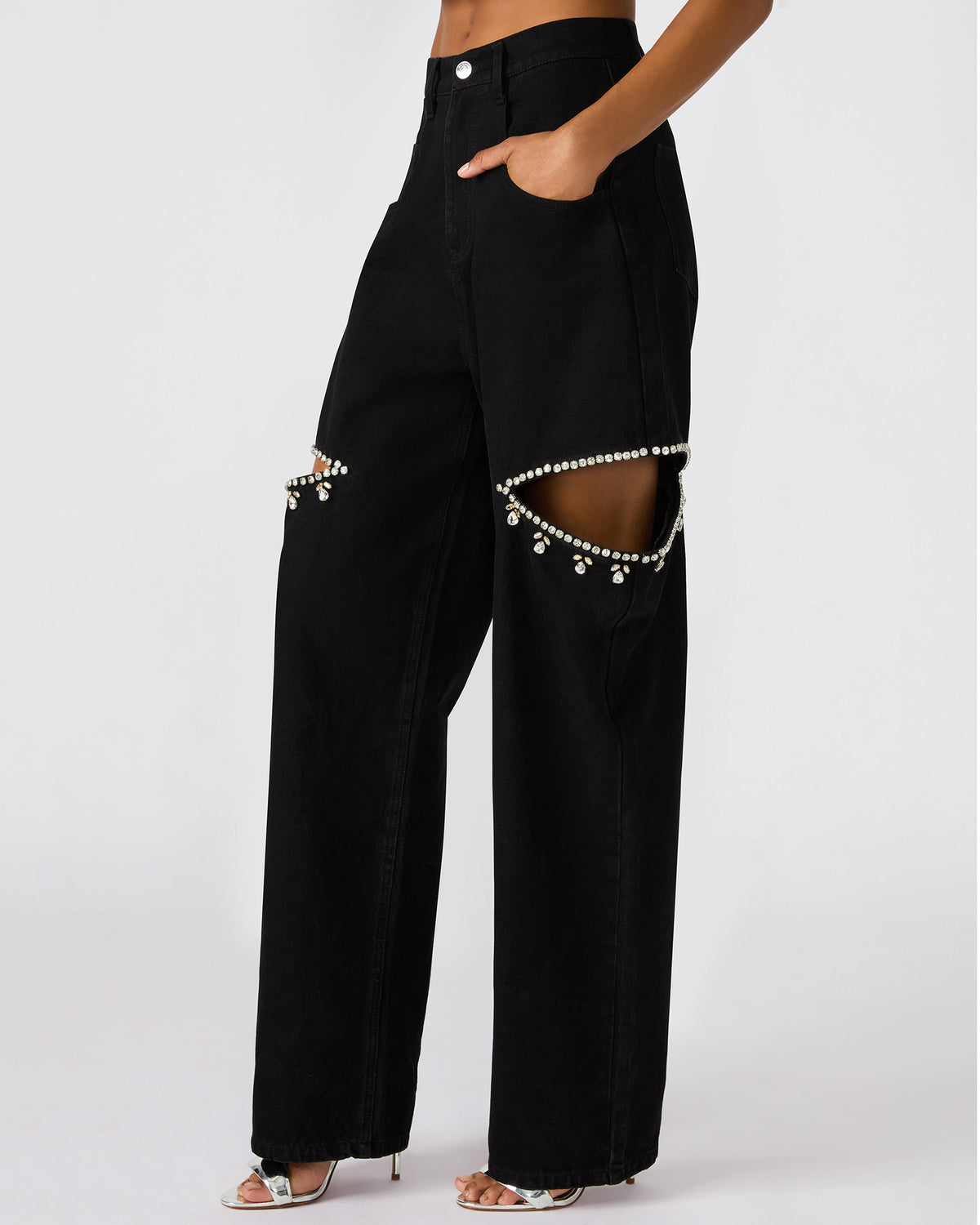 AYLA Black Straight-Leg Rhinestone Embellished Slit Women's Jean | Steve Madden