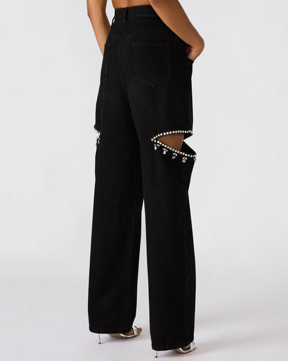 AYLA Black Straight-Leg Rhinestone Embellished Slit Women's Jean | Steve Madden