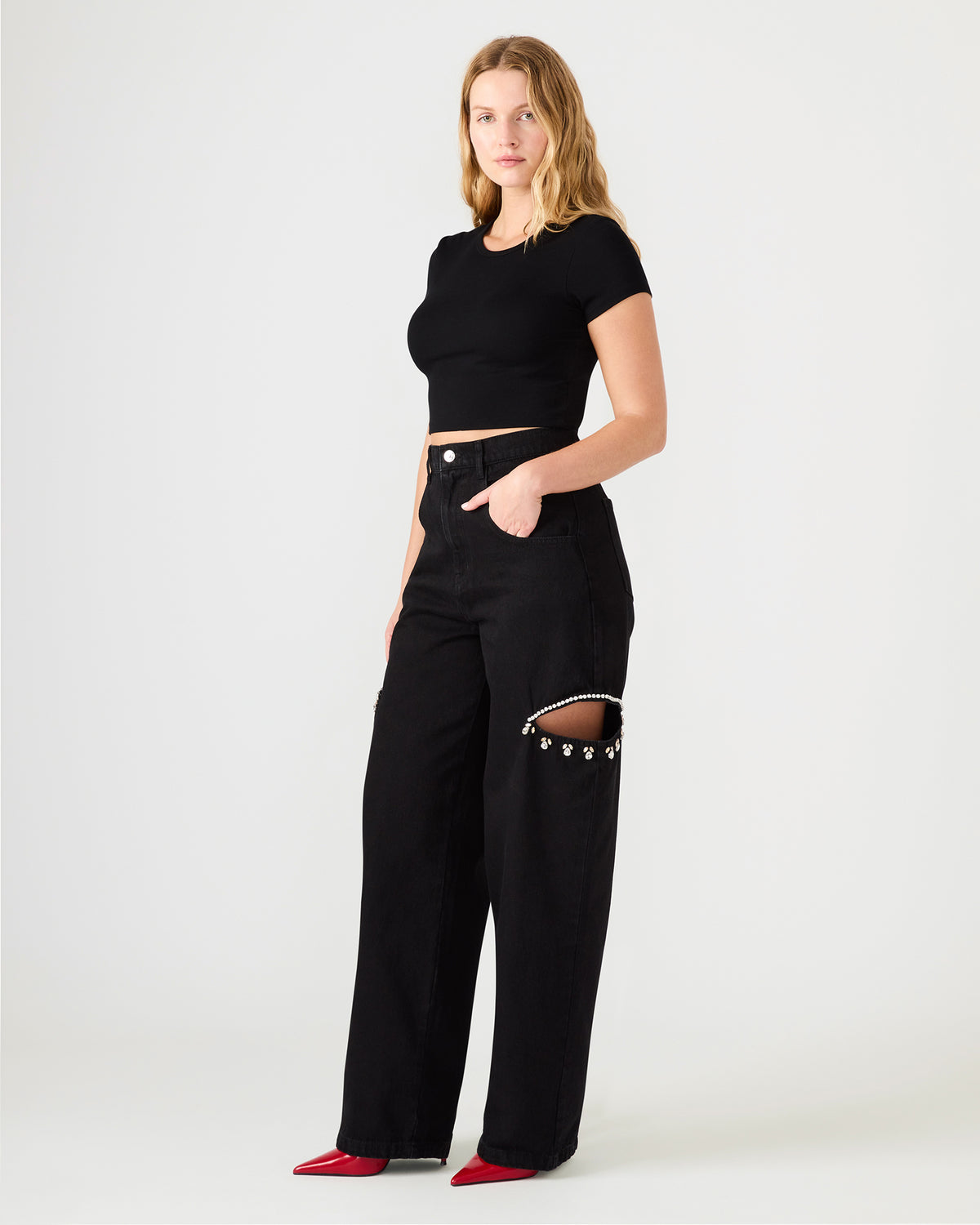 AYLA Black Straight-Leg Rhinestone Embellished Slit Women's Jean | Steve Madden
