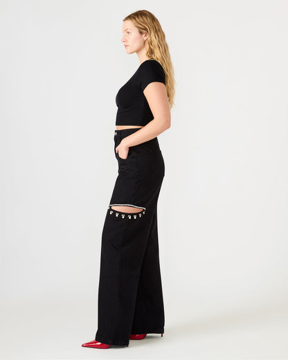 AYLA Black Straight-Leg Rhinestone Embellished Slit Women's Jean | Steve Madden
