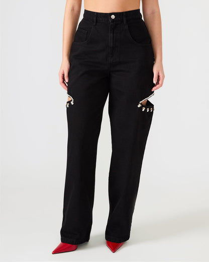 AYLA Black Straight-Leg Rhinestone Embellished Slit Women's Jean | Steve Madden