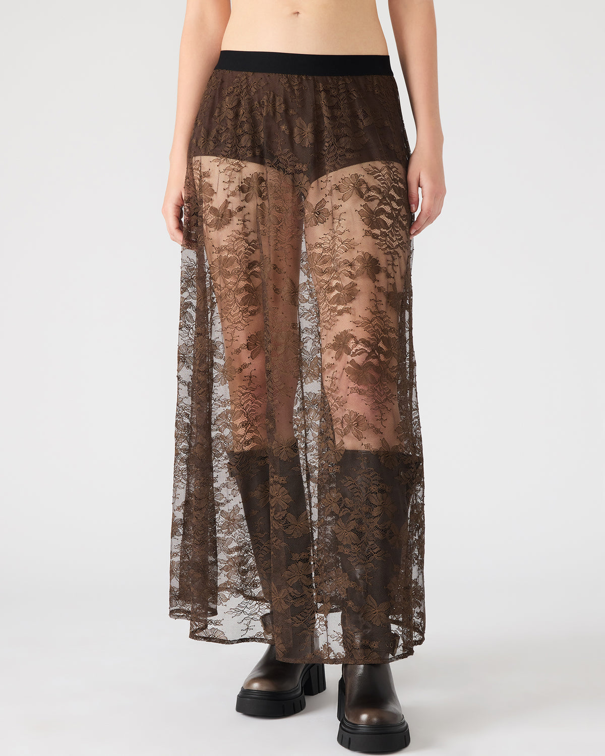 GISELA Dark Espresso Lace Mesh Maxi Women's Skirt | Steve Madden