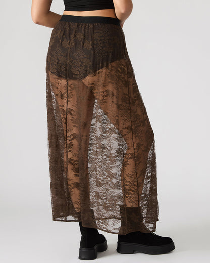 GISELA Dark Espresso Lace Mesh Maxi Women's Skirt | Steve Madden