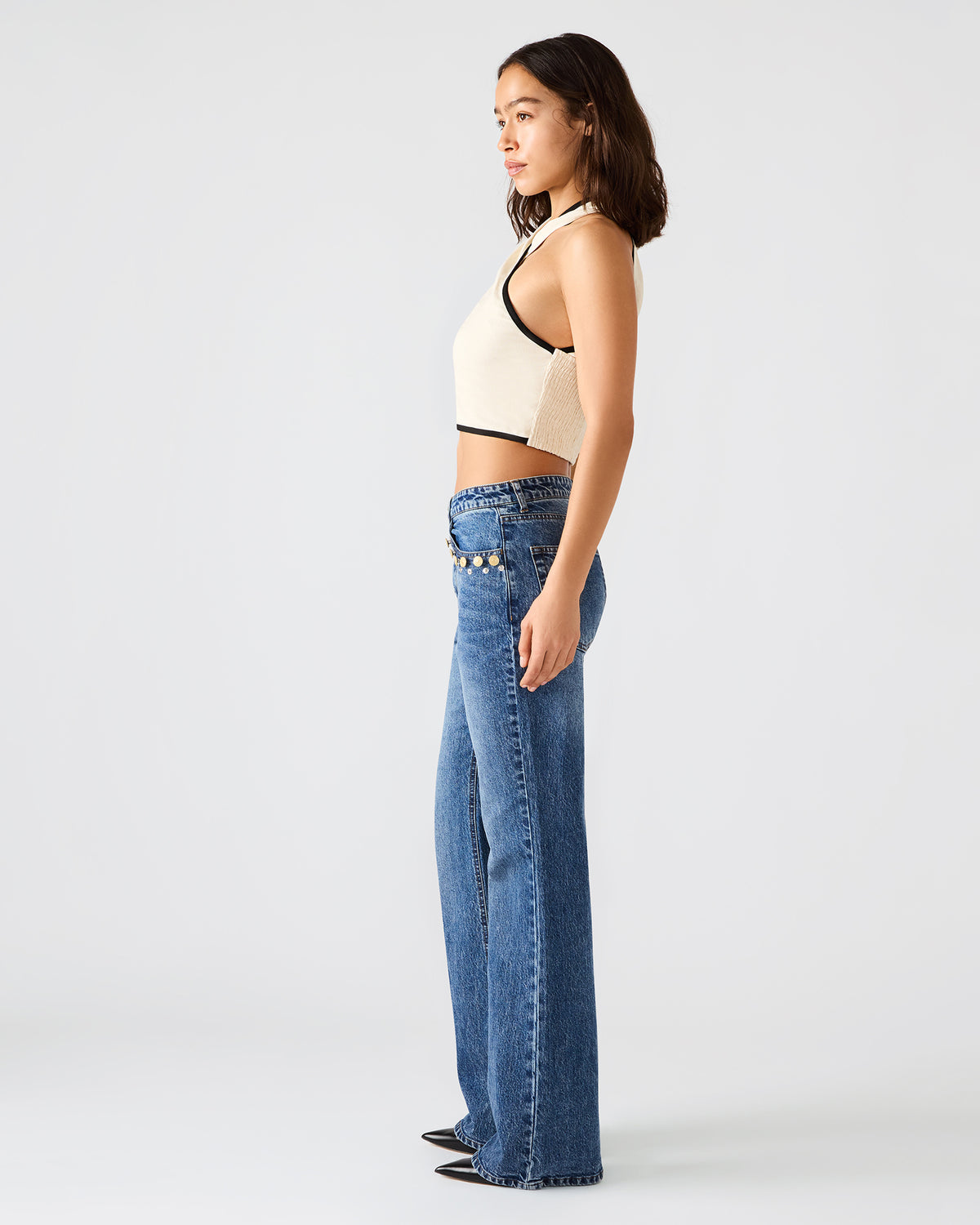 IRYS Dark Navy High-Rise Flare Gold Detail Buttons Women's Jean | Steve Madden