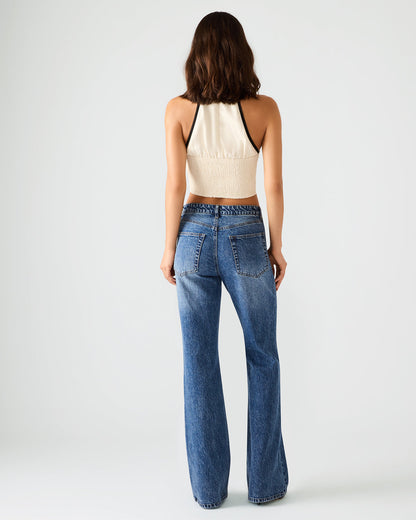IRYS Dark Navy High-Rise Flare Gold Detail Buttons Women's Jean | Steve Madden