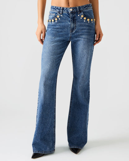 IRYS Dark Navy High-Rise Flare Gold Detail Buttons Women's Jean | Steve Madden