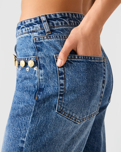 IRYS Dark Navy High-Rise Flare Gold Detail Buttons Women's Jean | Steve Madden