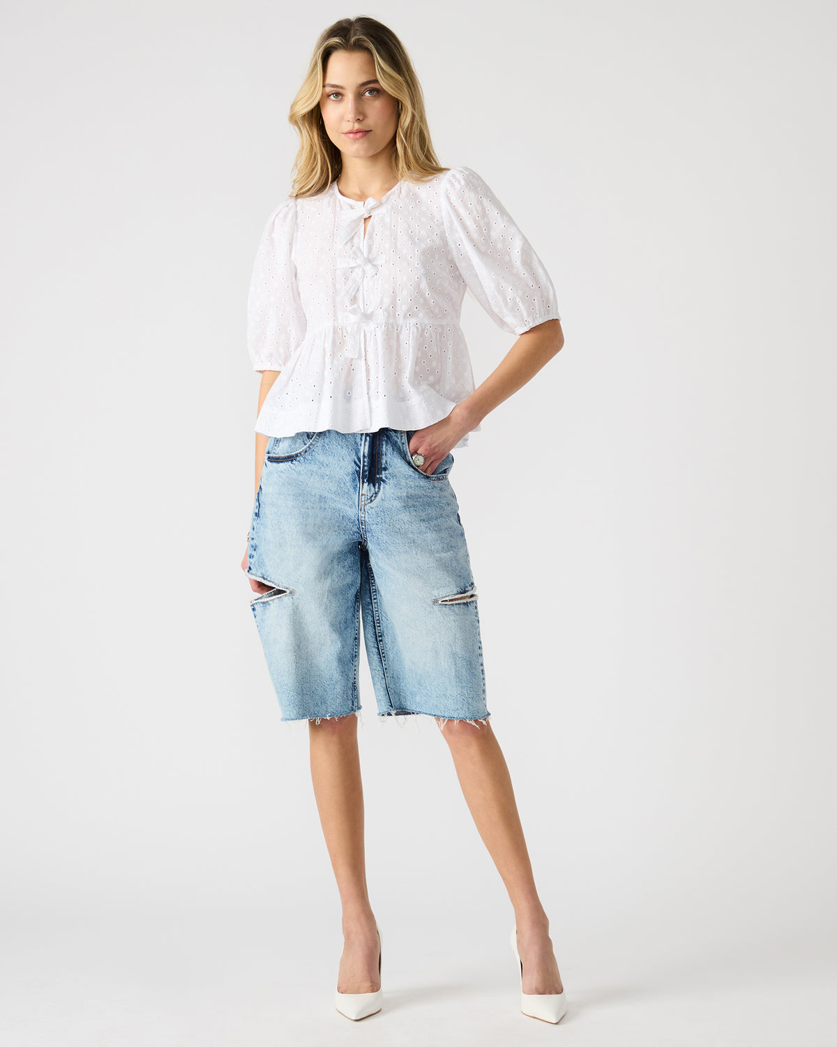 LANGE Denim Women's Side Slit Barrel Shorts | Steve Madden