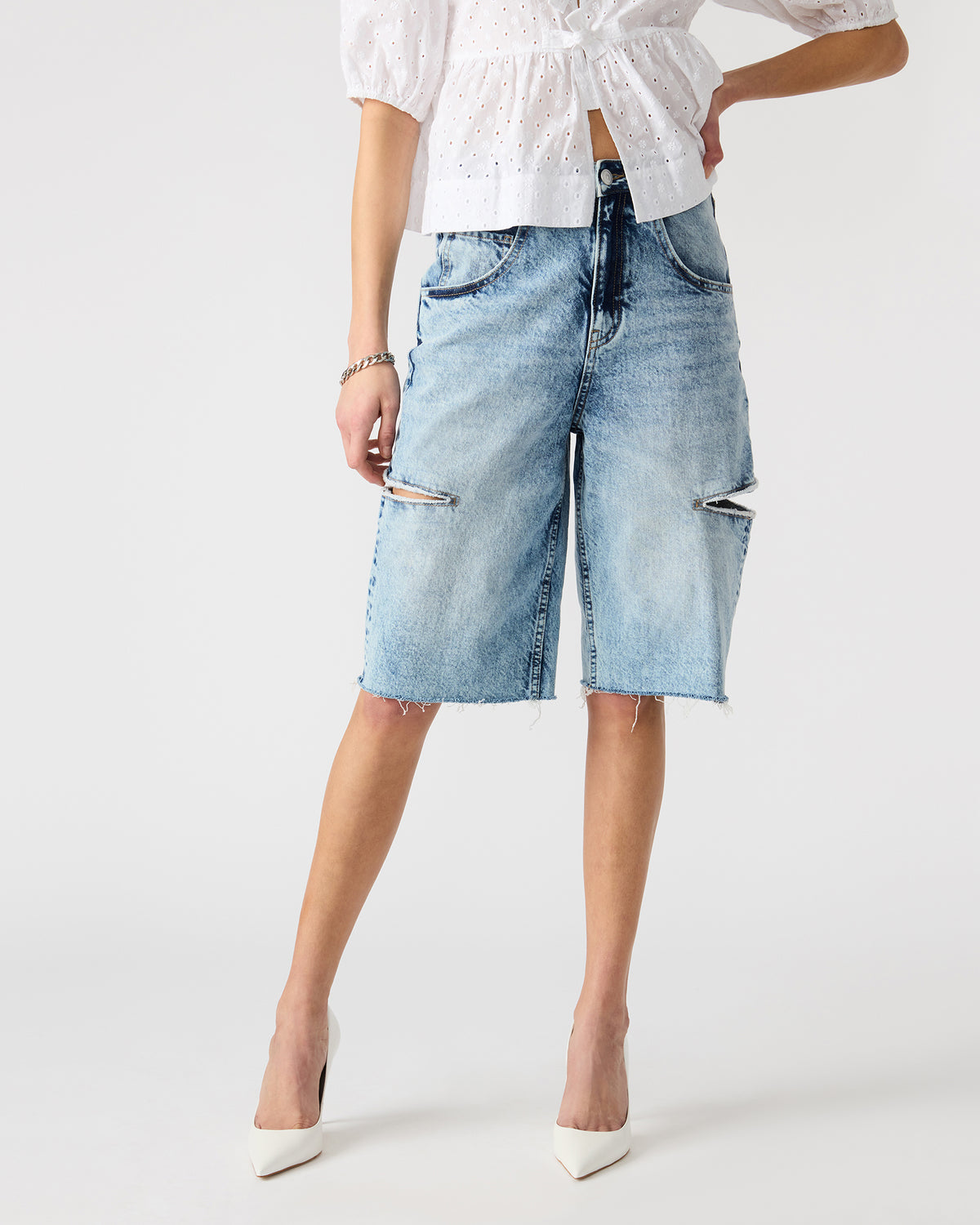 LANGE Denim Women's Side Slit Barrel Shorts | Steve Madden