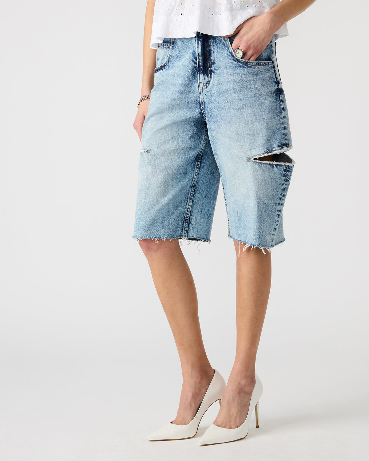 LANGE Denim Women's Side Slit Barrel Shorts | Steve Madden