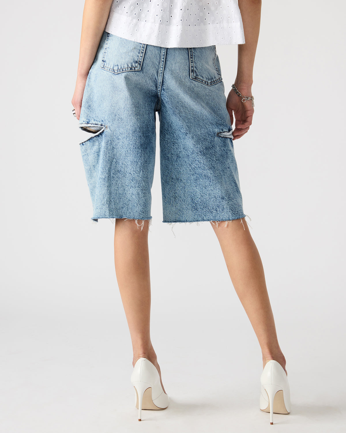 LANGE Denim Women's Side Slit Barrel Shorts | Steve Madden