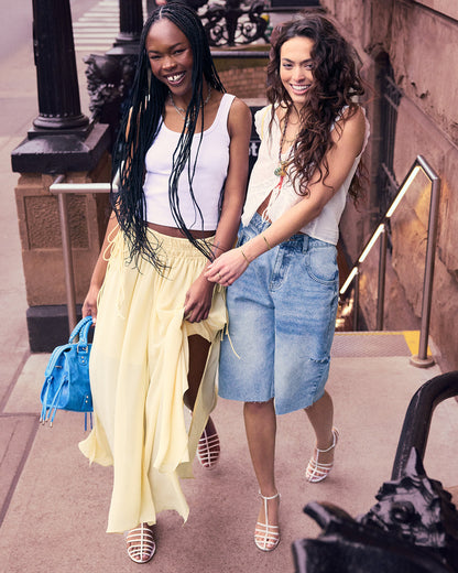 LANGE Denim Women's Side Slit Barrel Shorts | Steve Madden