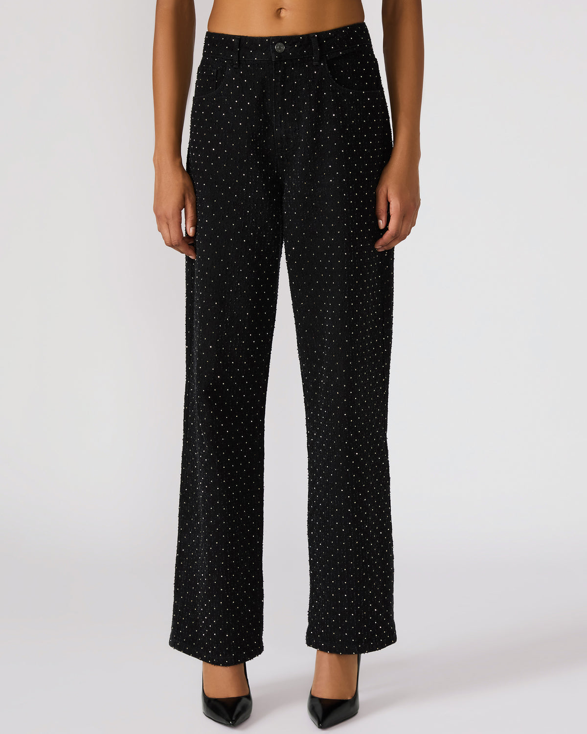 AVALINE Crystal Black Straight-Leg Rhinestone Embellished Denim Women's Jeans | Steve Madden