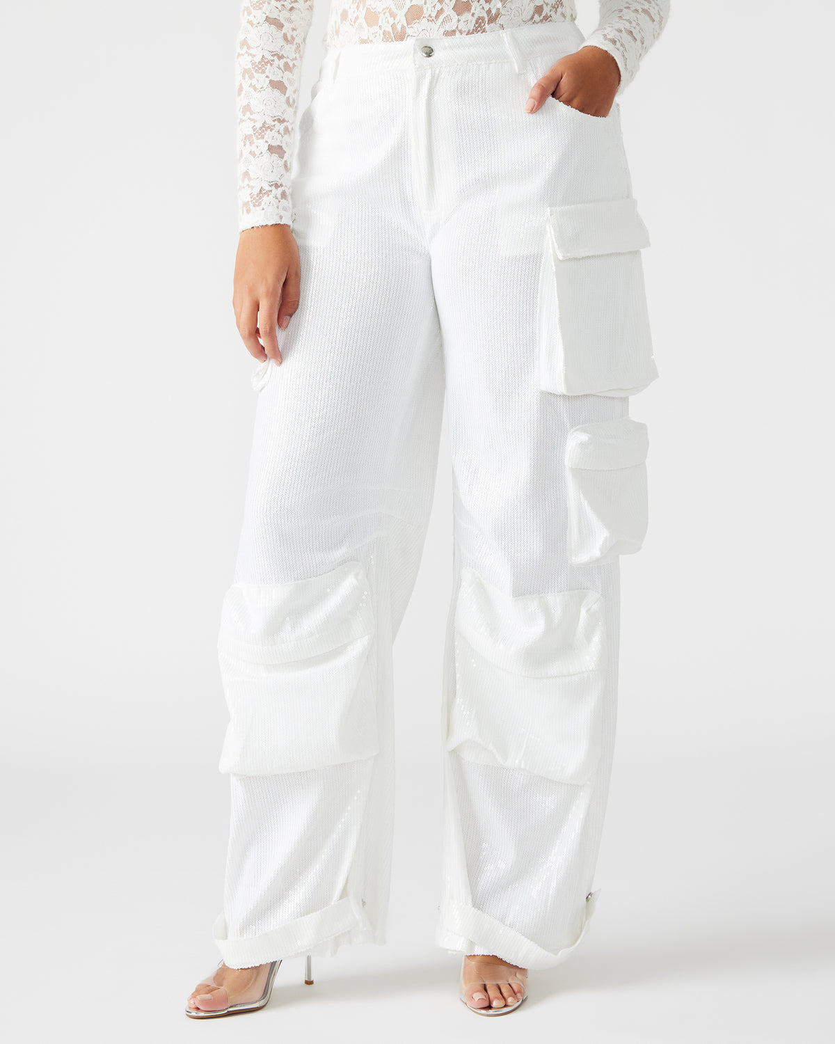 DUO White Sequin Women's Utility Cargo Pants | Steve Madden
