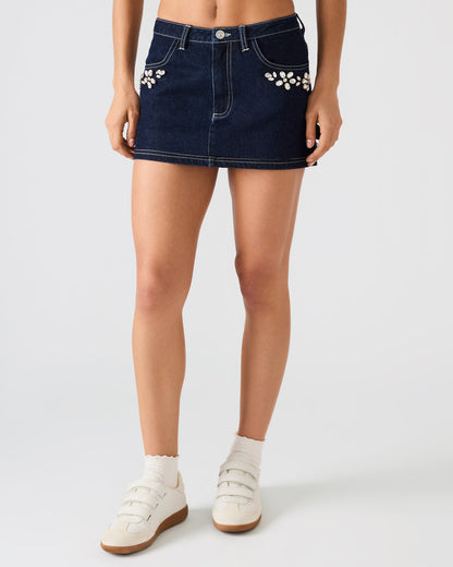 BRIELLIA Bijou Blue Denim Rhinestone Embellished Mini Women's Skirt | Steve Madden