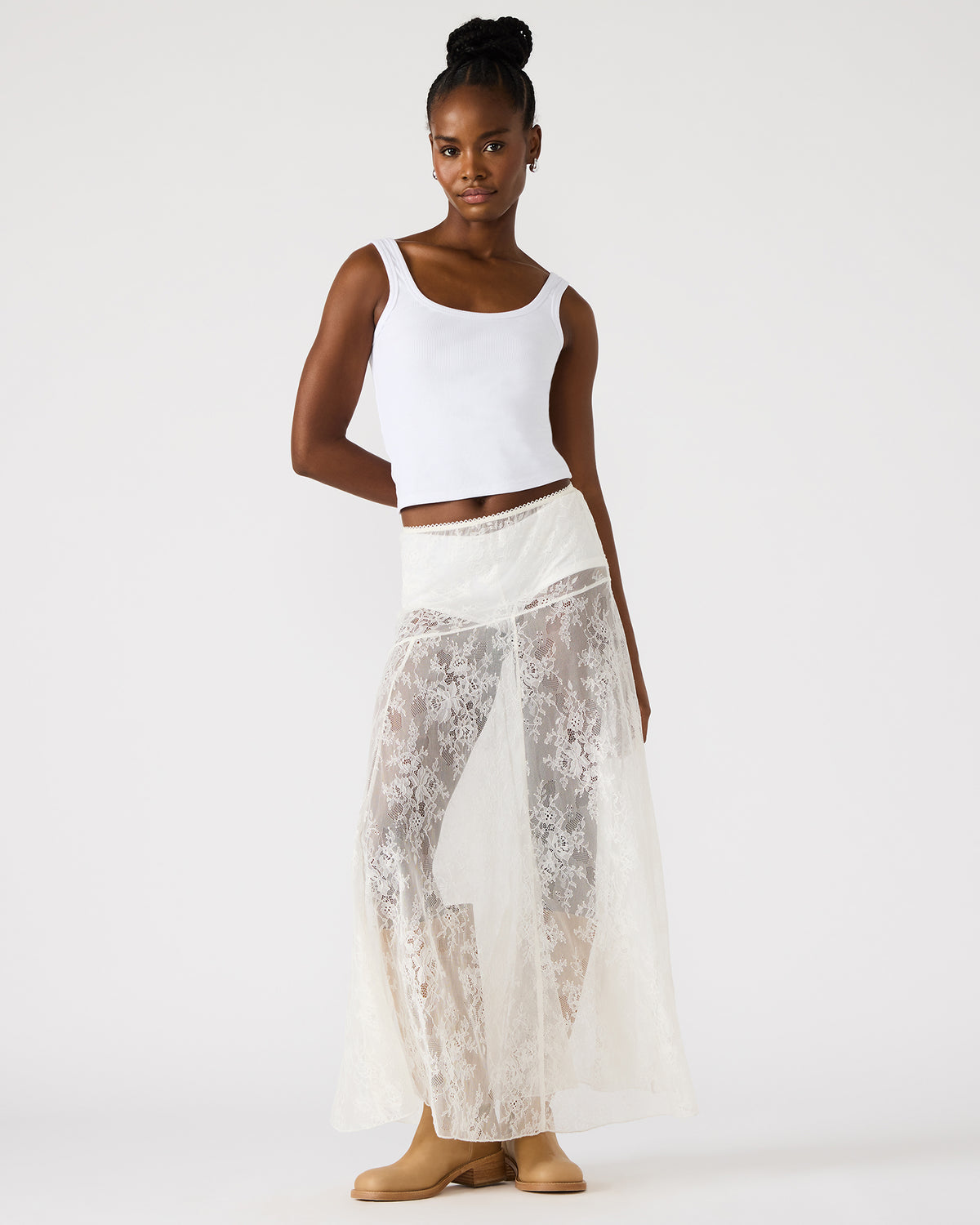 VEERA White Mesh Lace Flowy Maxi Skirt | Steve Madden