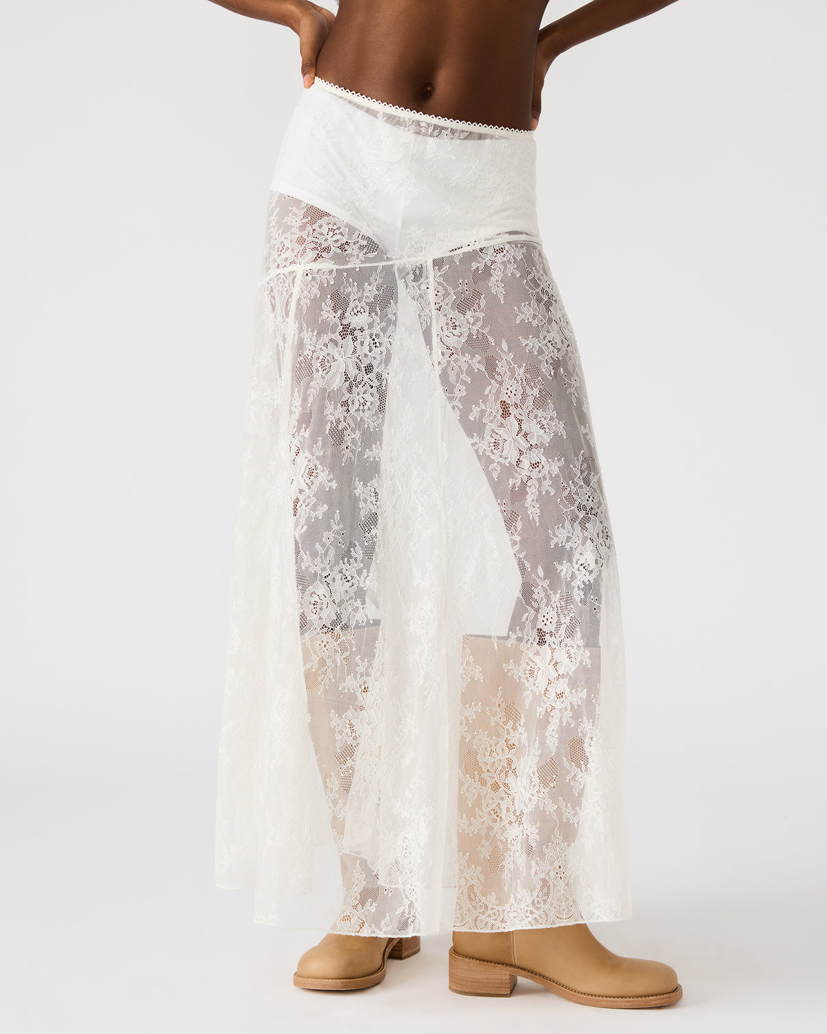 VEERA White Mesh Lace Flowy Maxi Skirt | Steve Madden