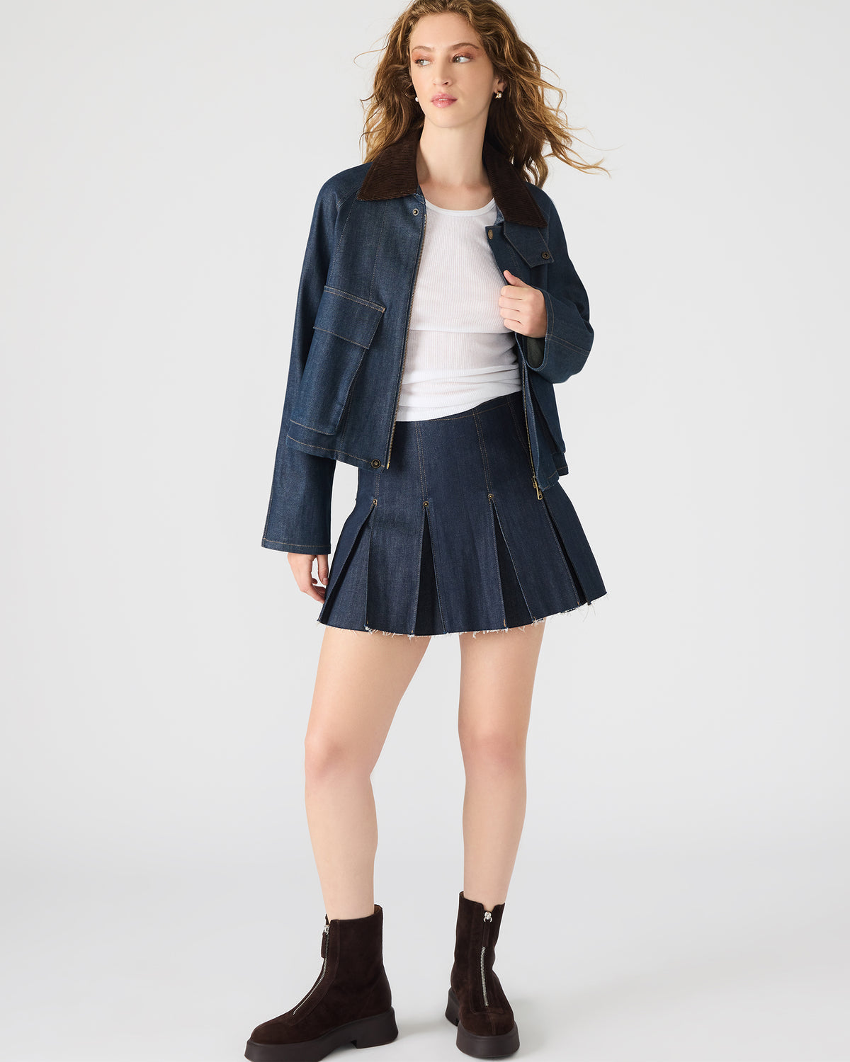 JOAN Deep Indigo Pleated Denim Matching Set Women's Skirt | Steve Madden