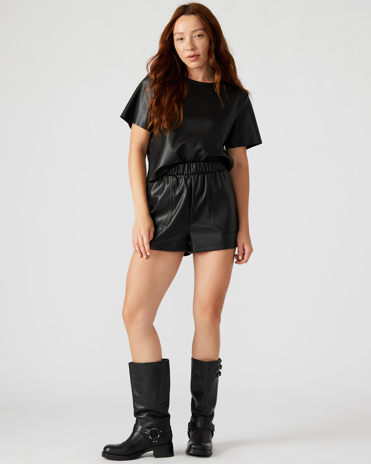 FAUX THE RECORD Short Black | Women's Faux Leather Short | Steve Madden