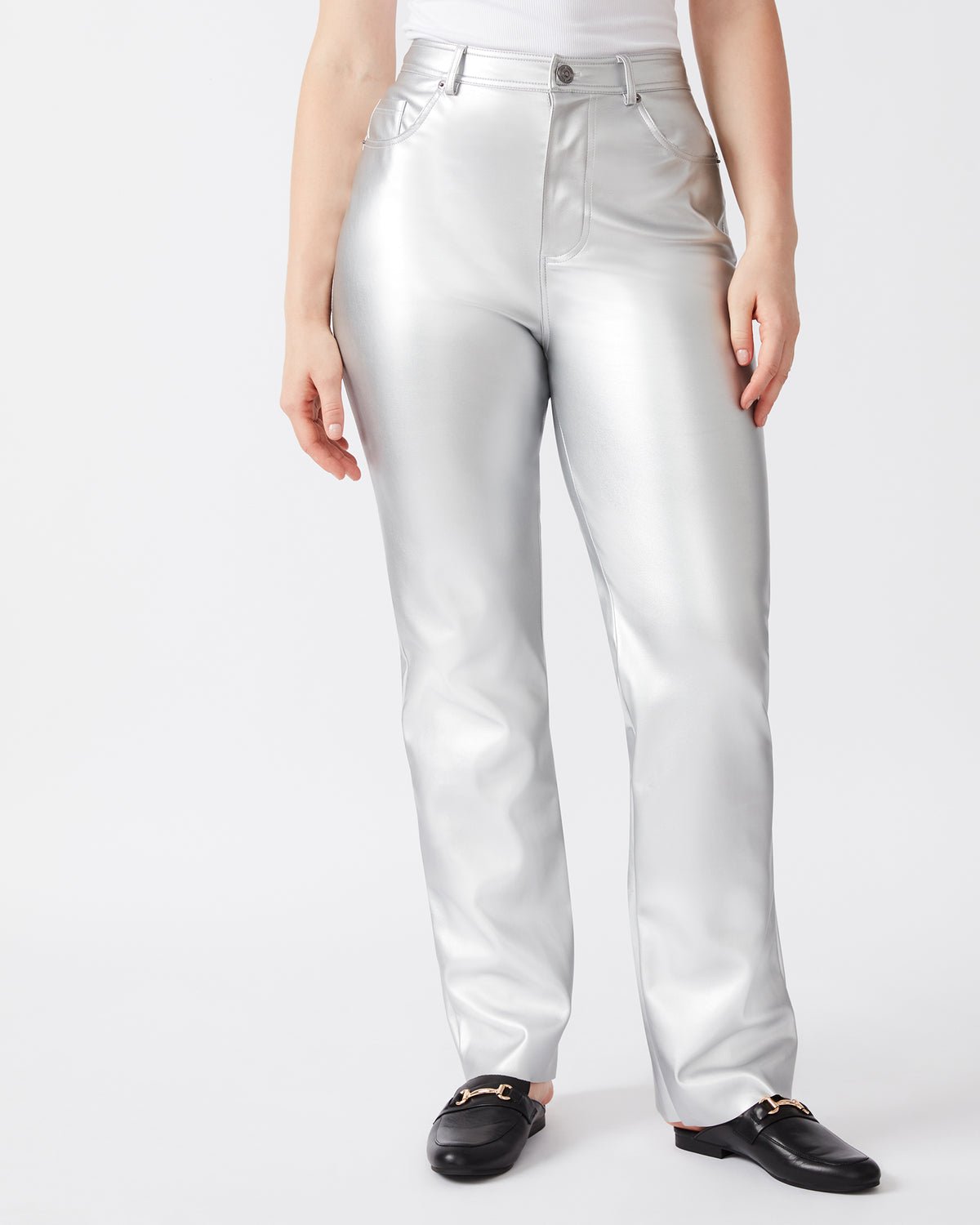 LOREN Pant Silver | Women's Faux Leather Straight Leg Pant | Steve Madden