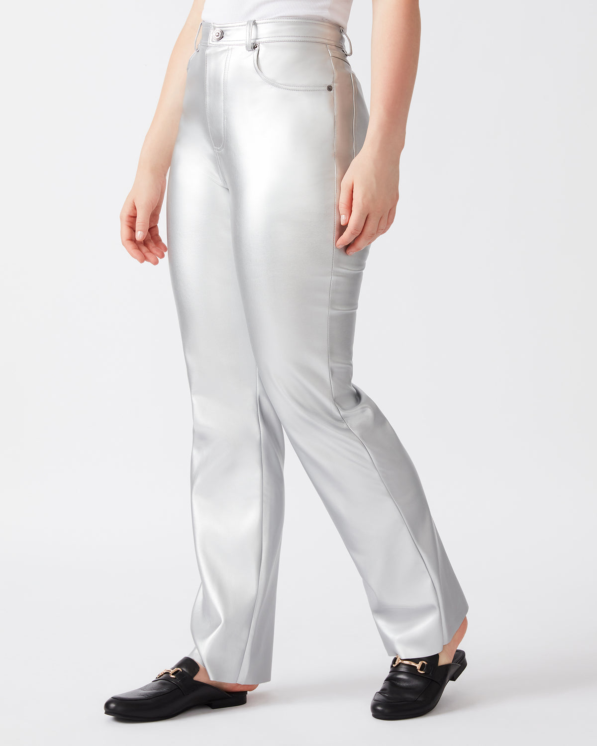 LOREN Pant Silver | Women's Faux Leather Straight Leg Pant | Steve Madden