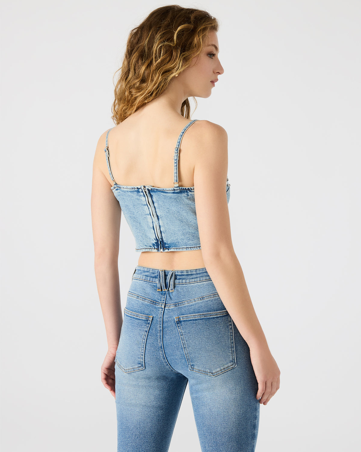 ERAS Denim Rhinestone Embellished Corset Cropped Matching Set Women's Top | Steve Madden