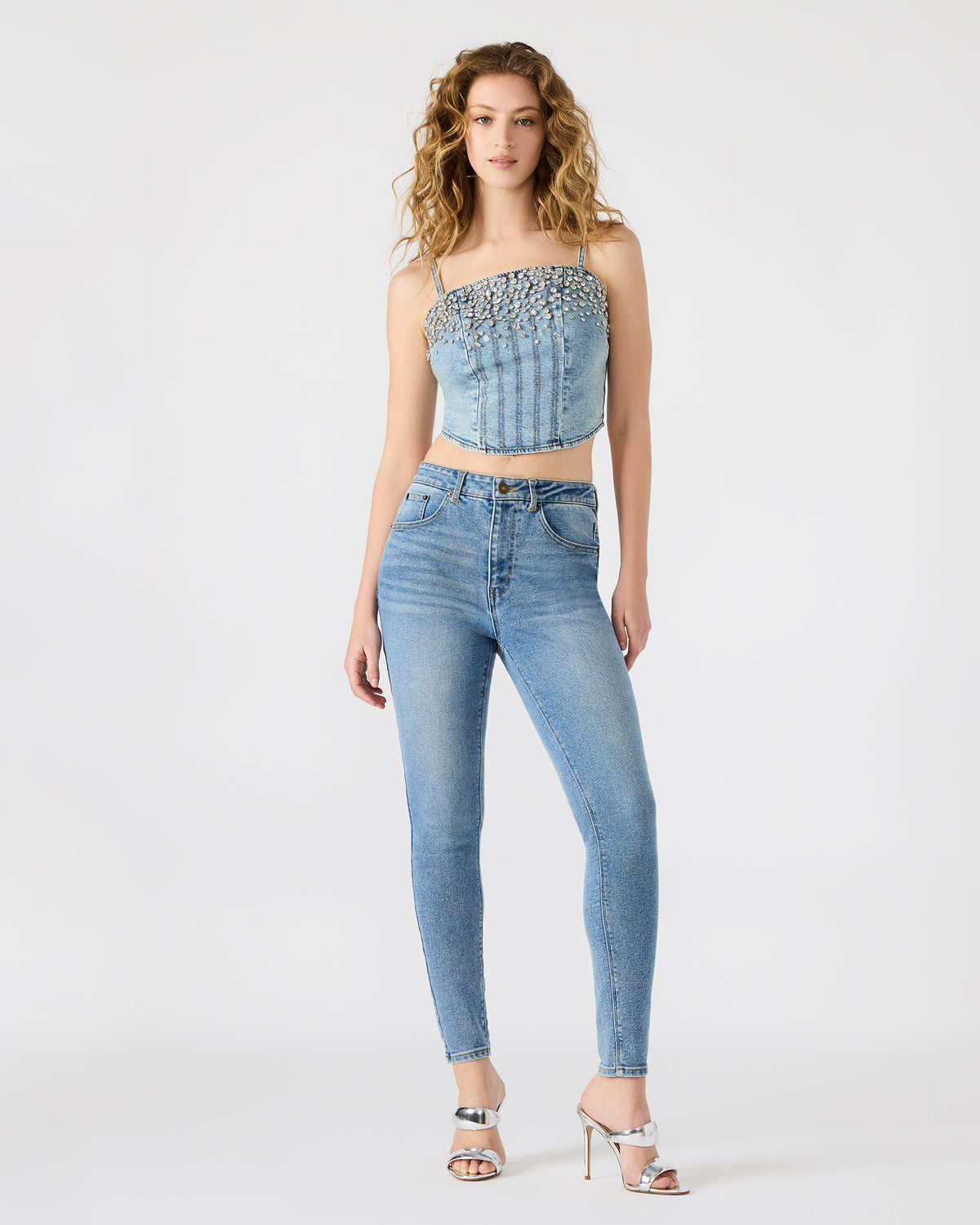 ERAS Denim Rhinestone Embellished Corset Cropped Matching Set Women's Top | Steve Madden