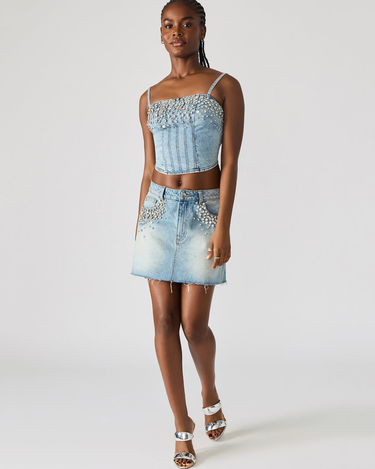 ERAS Denim Rhinestone Embellished Corset Cropped Matching Set Women's Top | Steve Madden