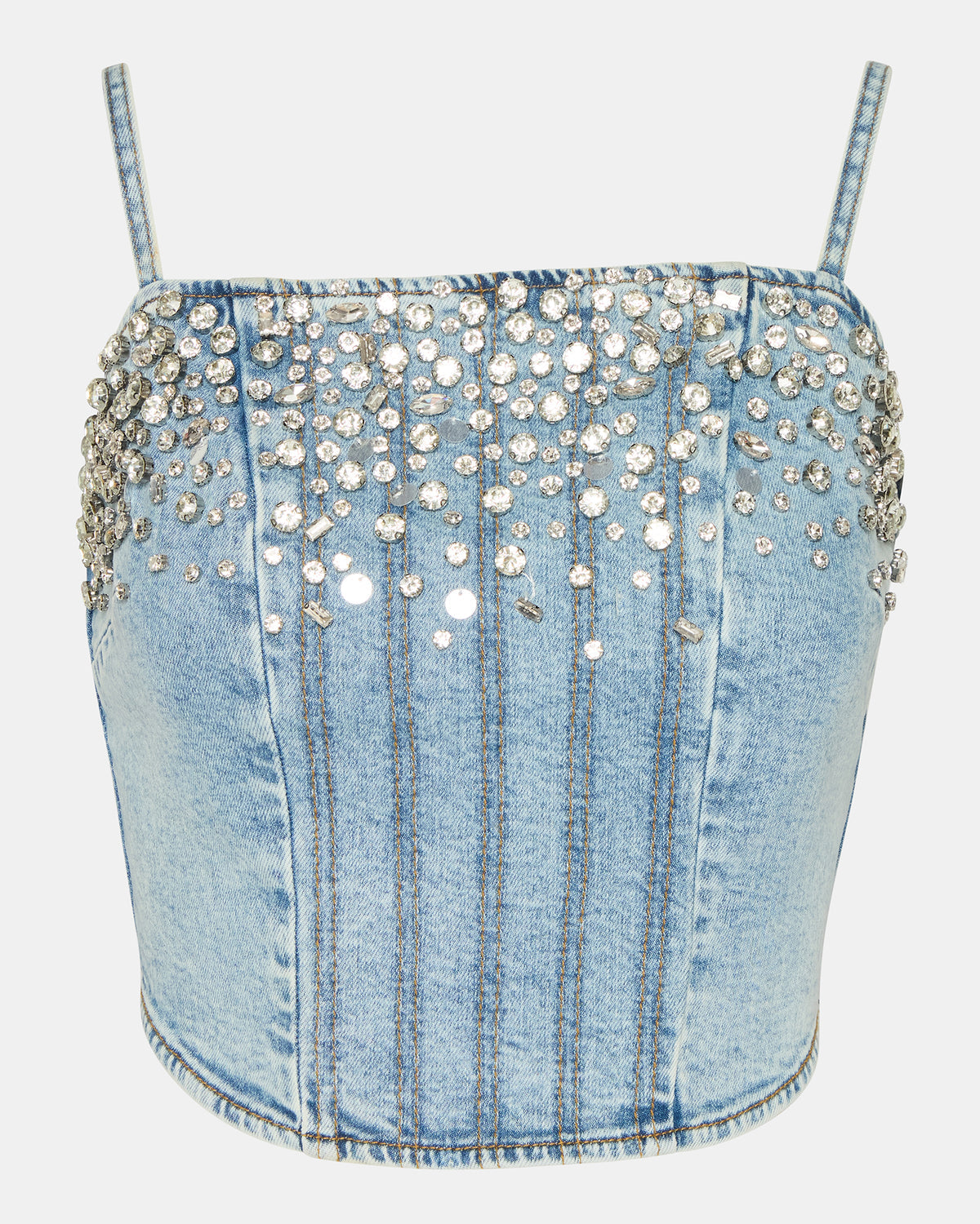 ERAS Denim Rhinestone Embellished Corset Cropped Matching Set Women's Top | Steve Madden