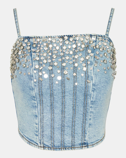 ERAS Denim Rhinestone Embellished Corset Cropped Matching Set Women's Top | Steve Madden