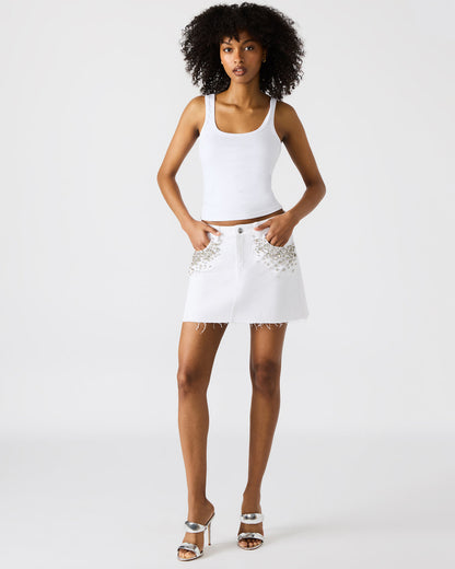 ERAS Denim White Rhinestone Embellished Mini Women's Skirt | Steve Madden