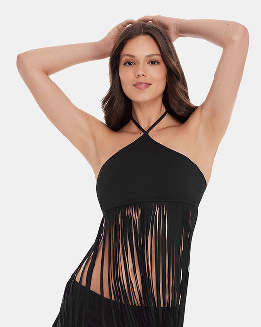 WHAT A STUD BIKINI TOP Black Halter Neckline Fringe Women's Bikini Top | Steve Madden