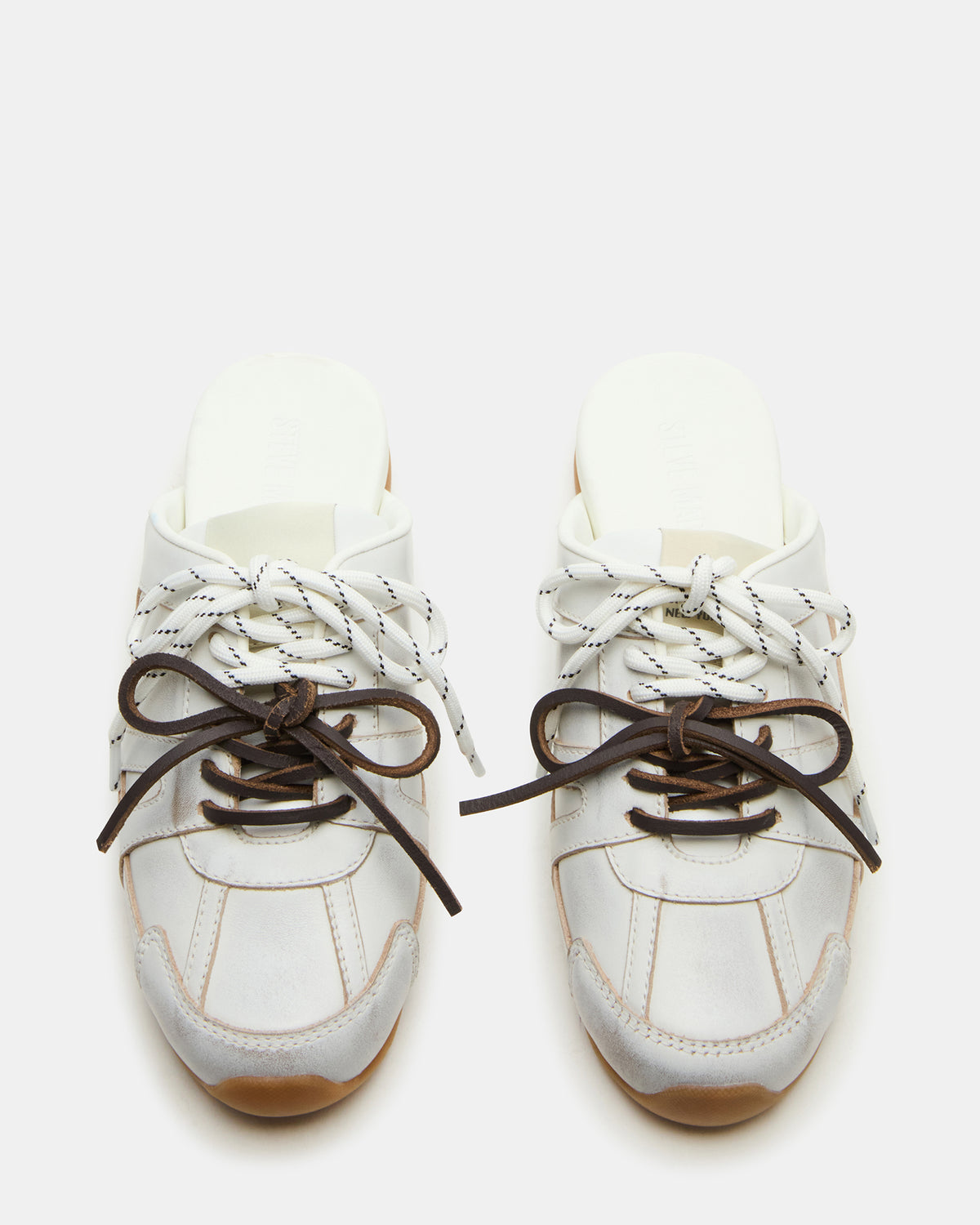 MAYSA White Distressed Women's Low-Top Slip-On Mule Sneakers | Steve Madden
